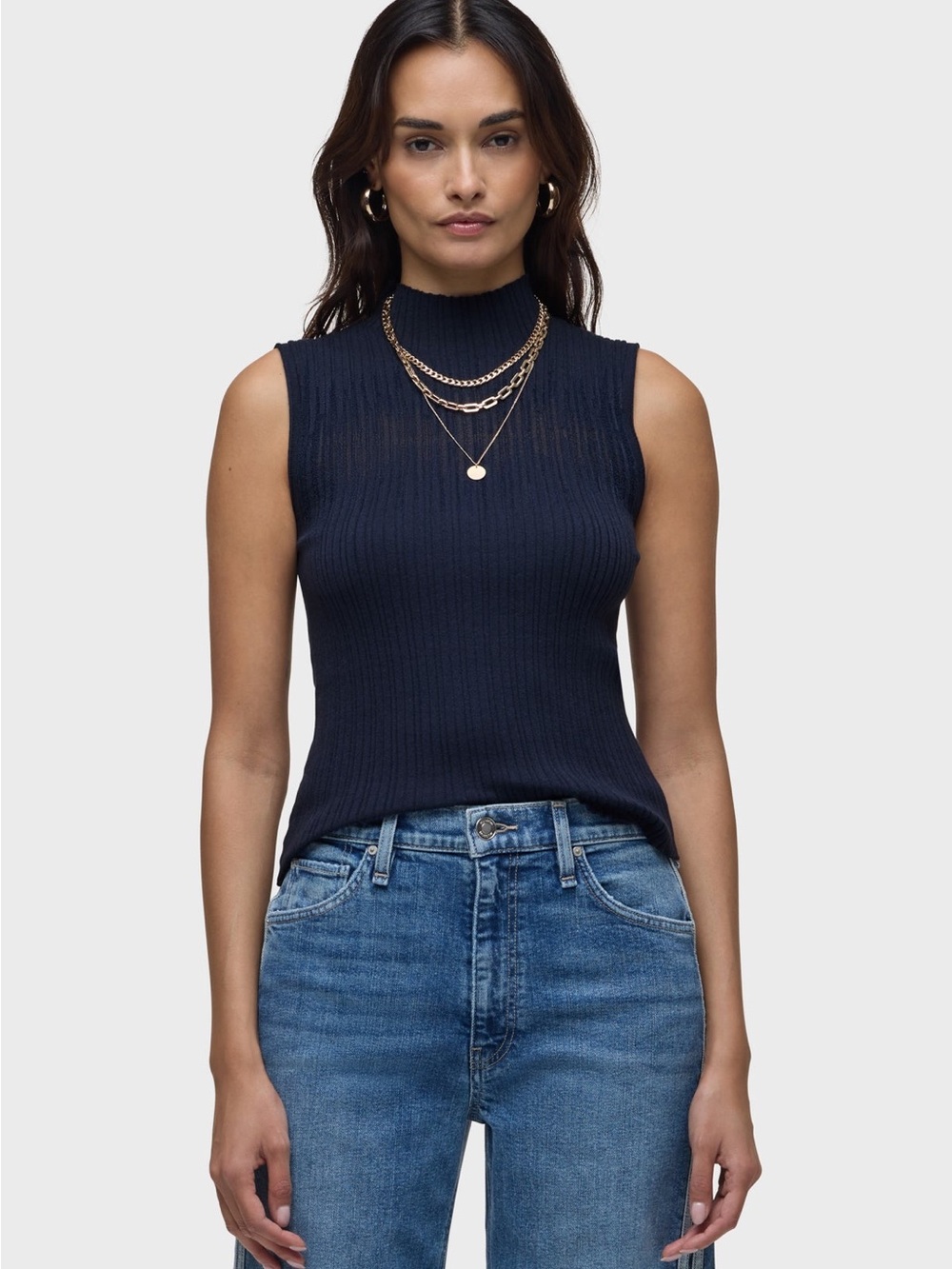 Hudson Jeans Sleeveless Ribbed Mock Neck Top in Navy